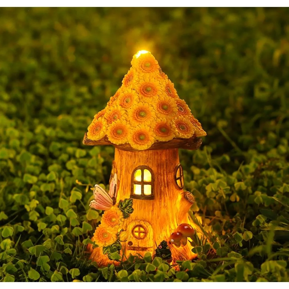 Solar Powered Fairy Sunflower Mushroom Tree House Lamp Waterproof Resin Figurine Night Lamp Ornament Garden Decor Sculpture Wyz20507