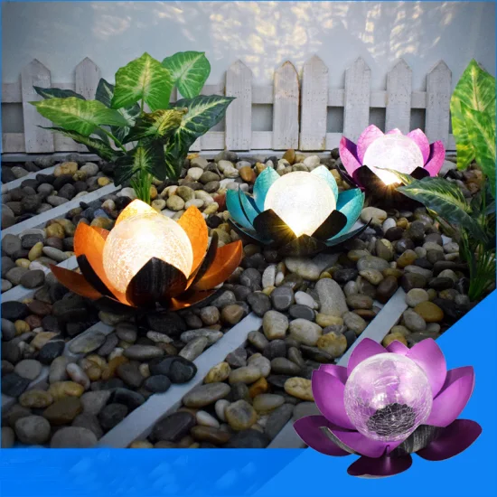 Luzes solares à prova d'água para jardim ao ar livre, vidro crepitante, globo de lótus, decoração de flores de metal para pátio, gramado, passarela, mesa, chão